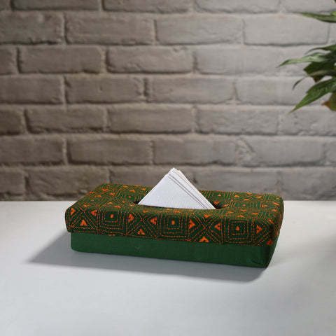 Green Handcrafted Bengal Kantha Work Tissue Box 