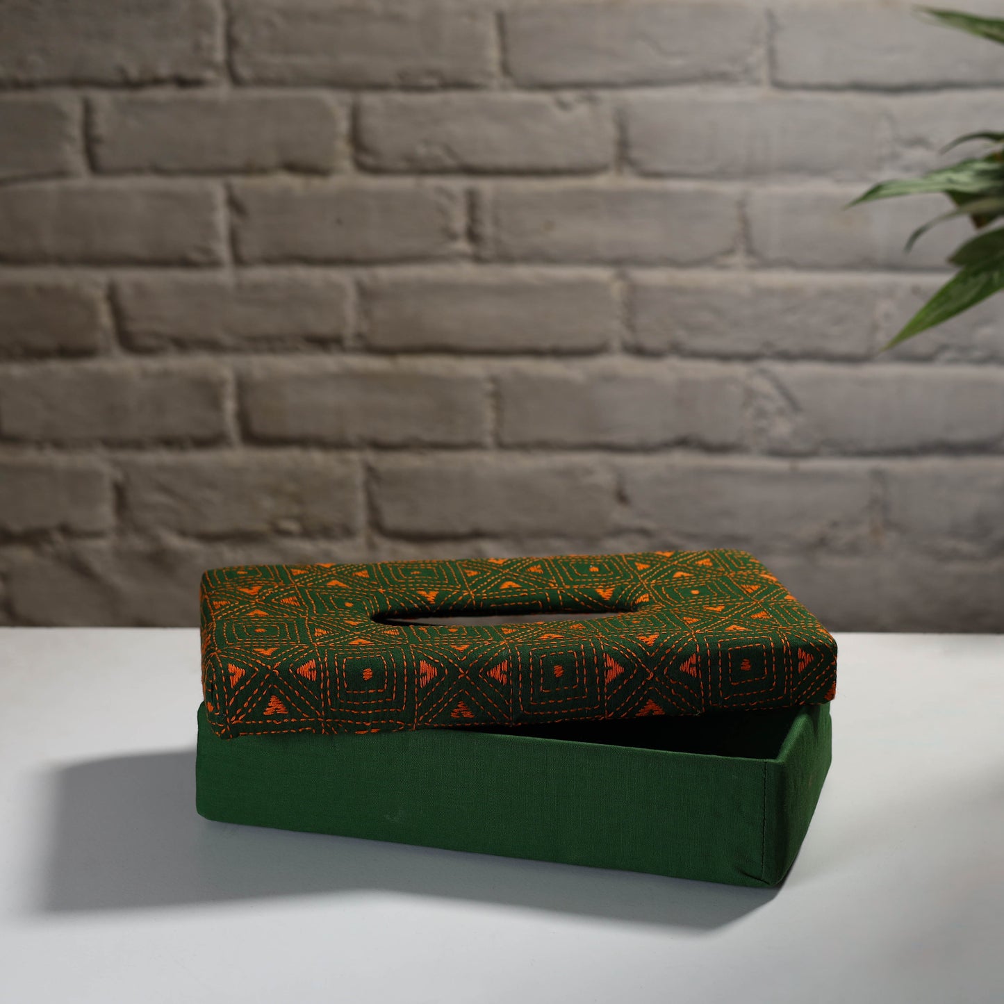 Green Handcrafted Bengal Kantha Work Tissue Box 