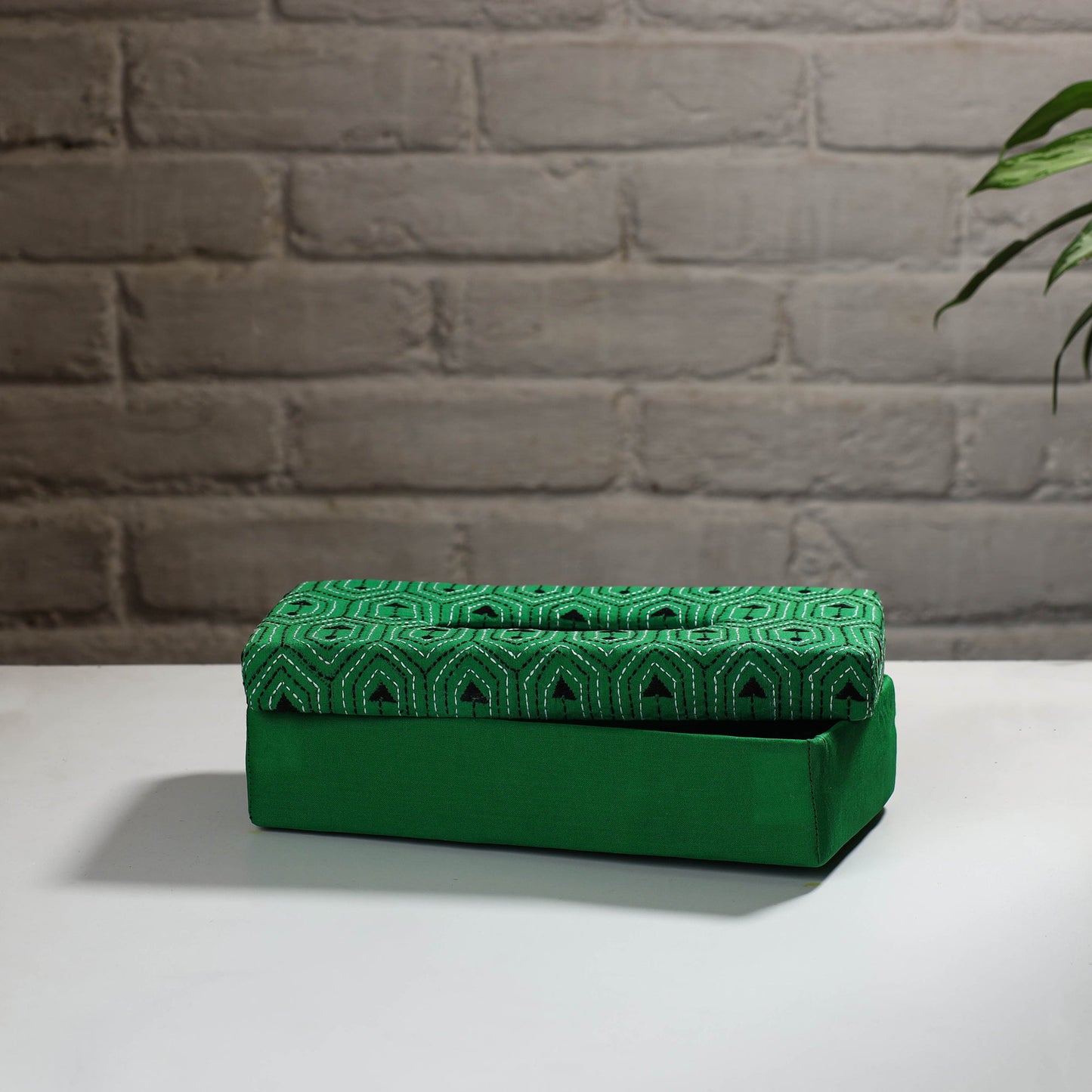 Green Handcrafted Bengal Kantha Work Tissue Box