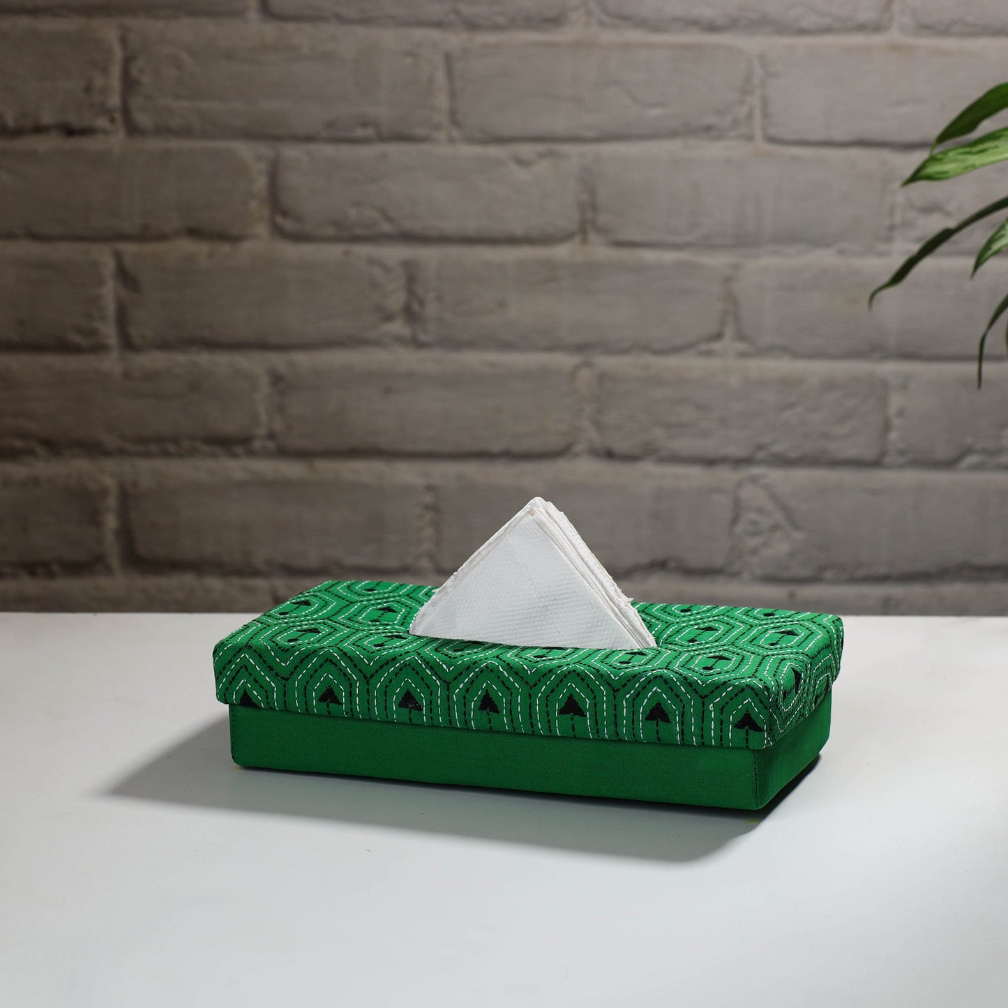 Green Handcrafted Bengal Kantha Work Tissue Box