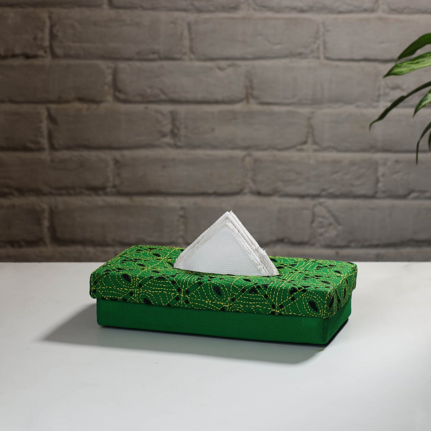 Green Handcrafted Bengal Kantha Work Tissue Box 