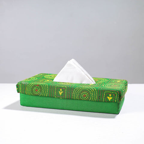 Green Handcrafted Bengal Kantha Work Tissue Box 