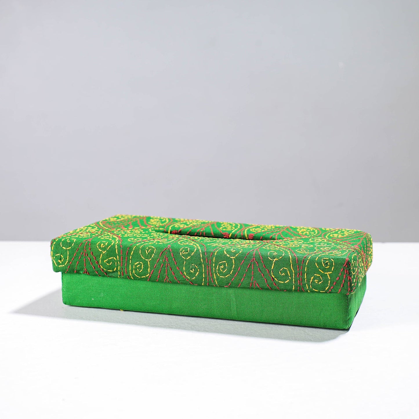 Green Handcrafted Bengal Kantha Work Tissue Box 
