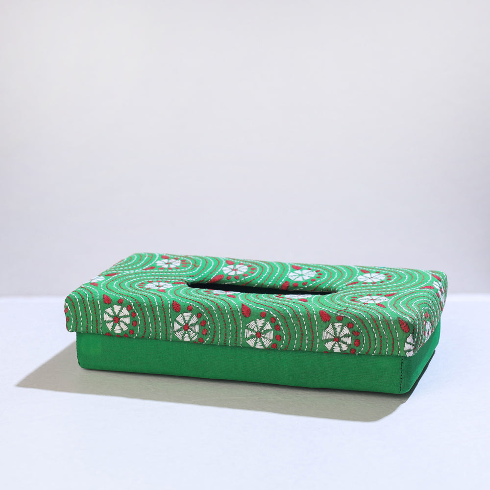 Green Handcrafted Bengal Kantha Work Tissue Box