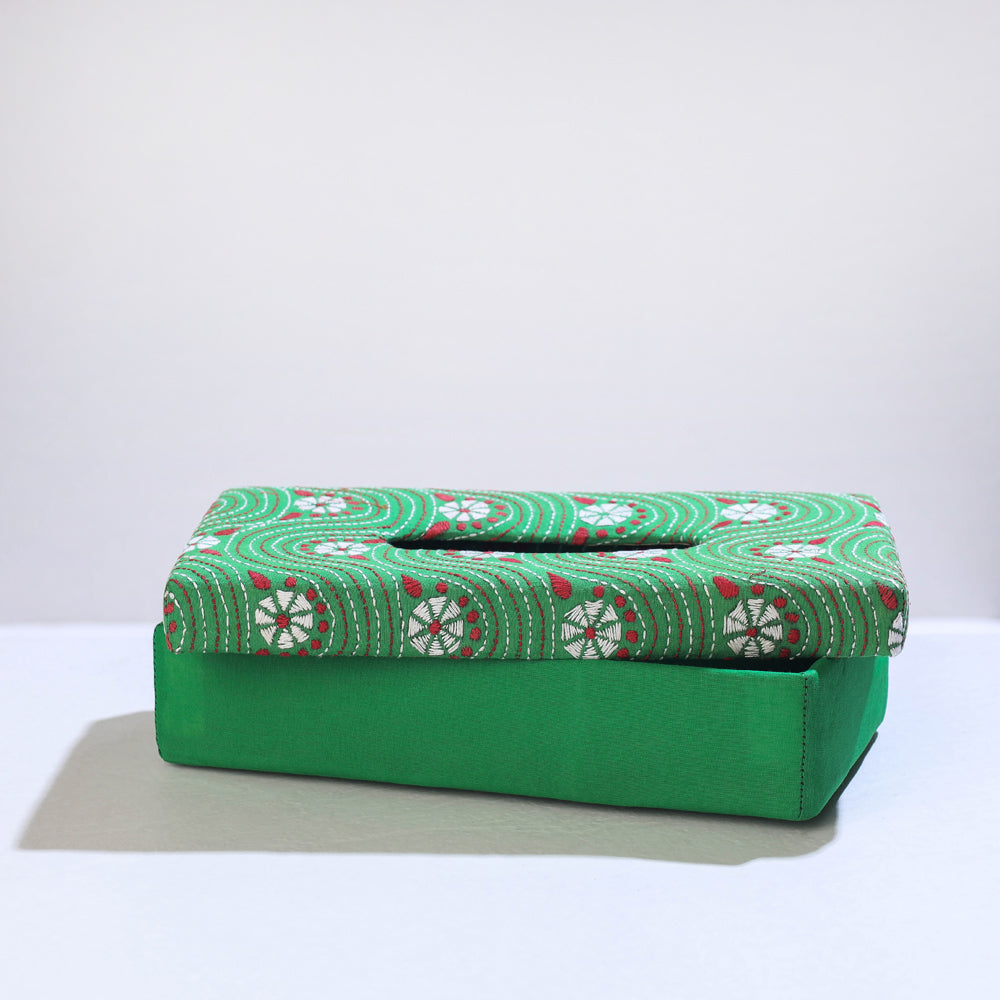 Green Handcrafted Bengal Kantha Work Tissue Box