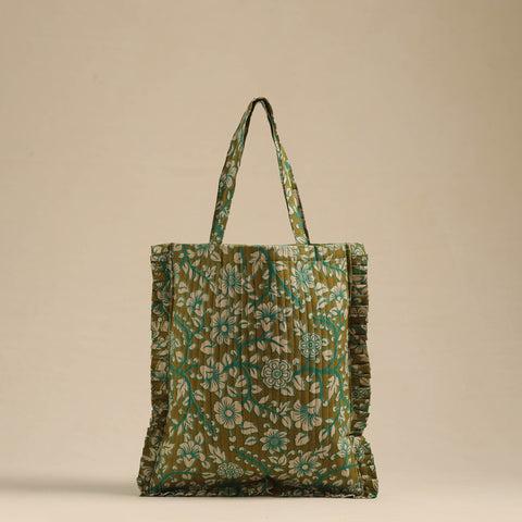 Green - handcrafted cotton frill jhola bag 07