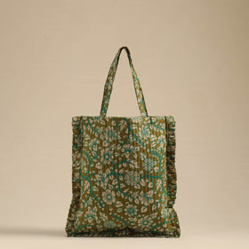 Green - handcrafted cotton frill jhola bag 07