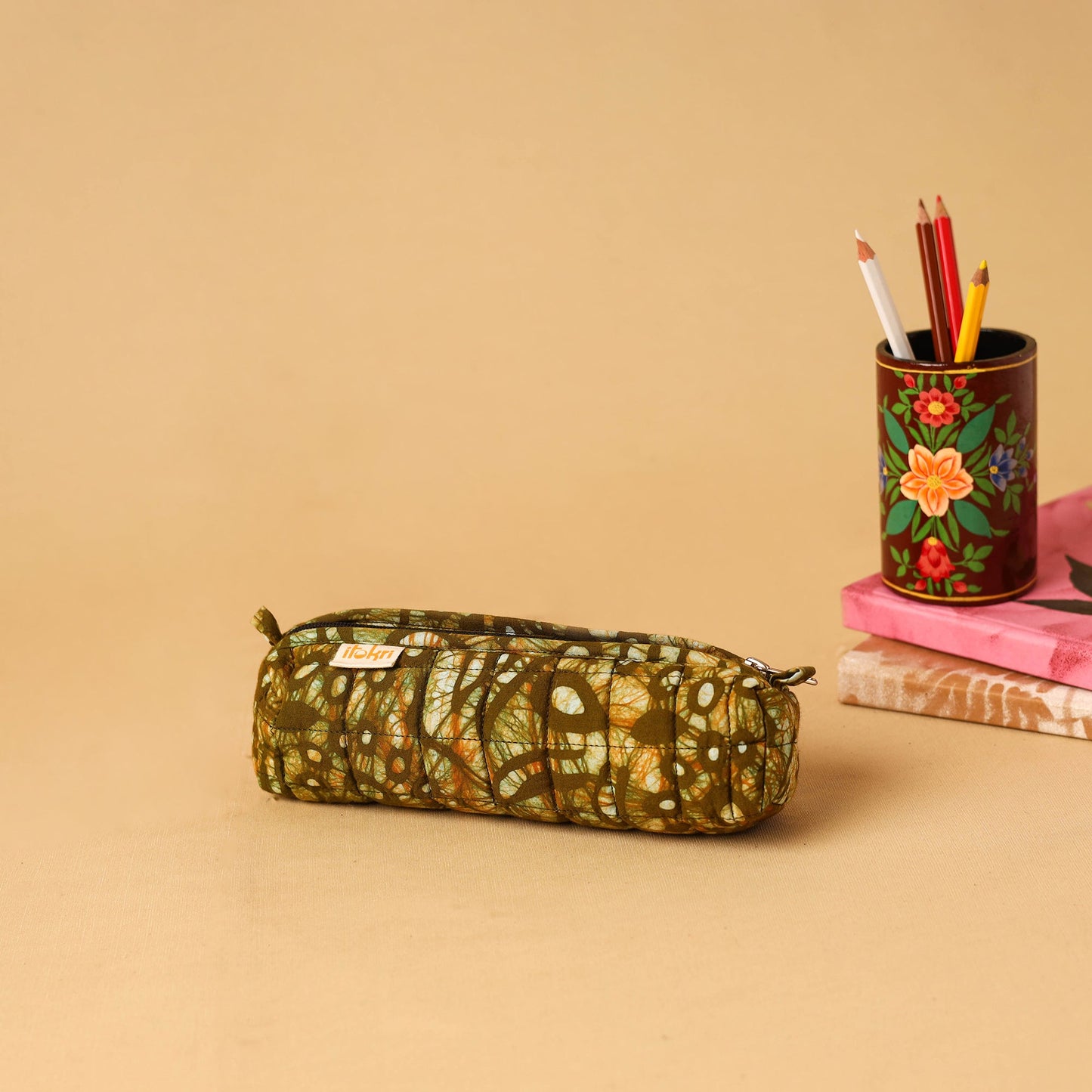 Green - handcrafted cotton quilted pencil pouch 17