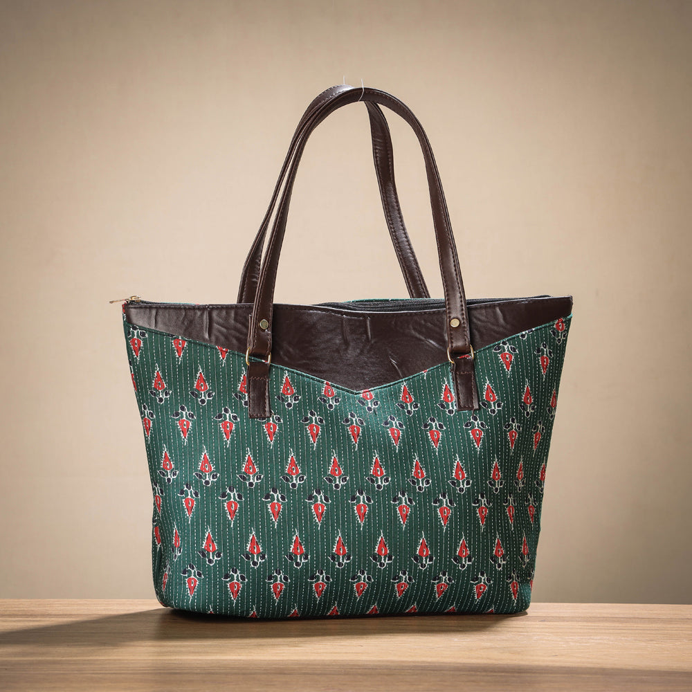 Green Handcrafted Cotton Running Sticth Shoulder Bag (Set of 2)