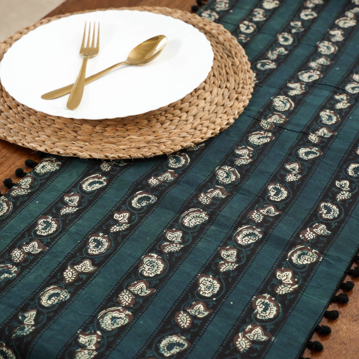 Green Handcrafted Cotton Table Runner