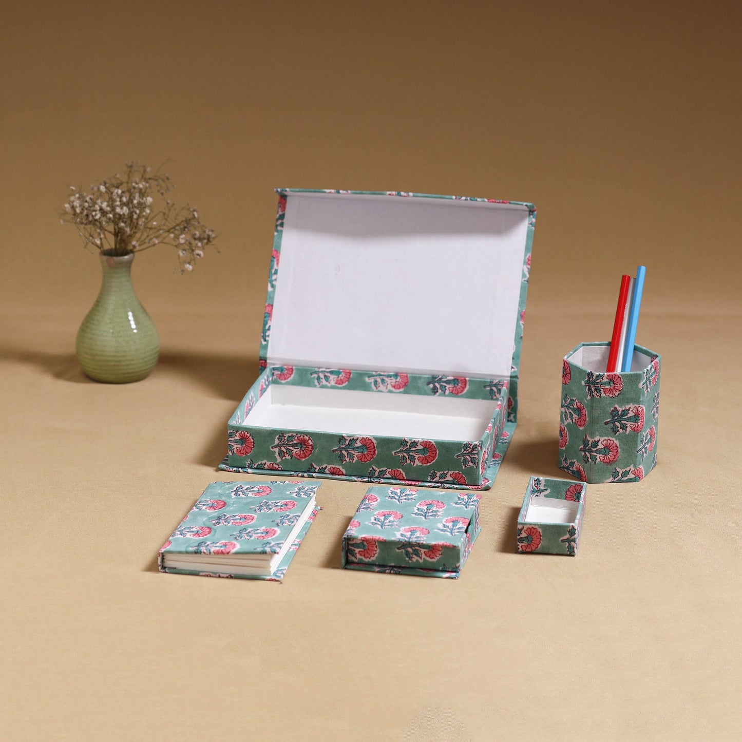 Green - handcrafted floral organizer stationery kit 56