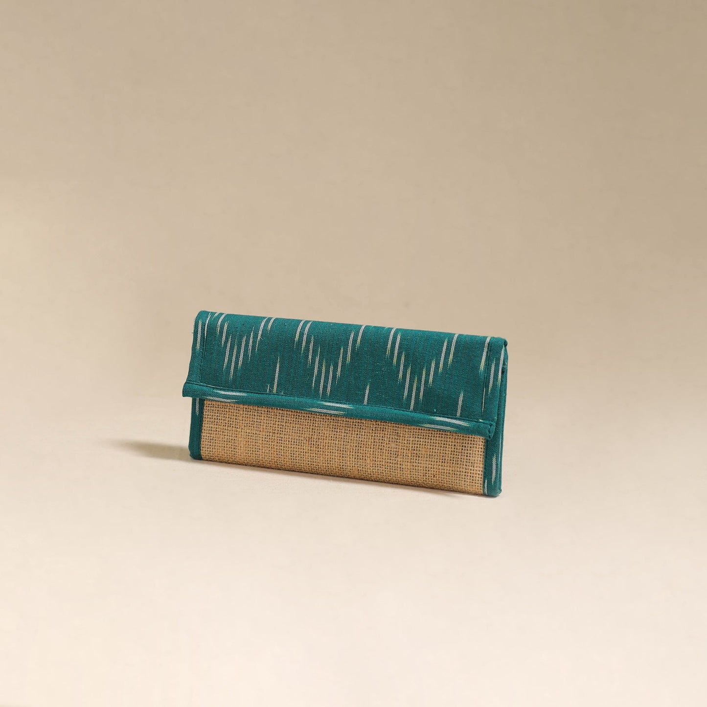 Green - handcrafted ikat fabric jute clutch / wallet