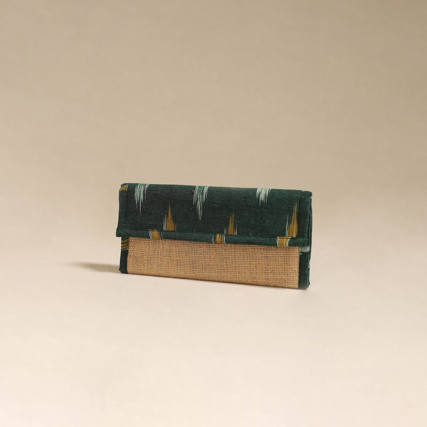 Green - handcrafted ikat fabric jute clutch / wallet
