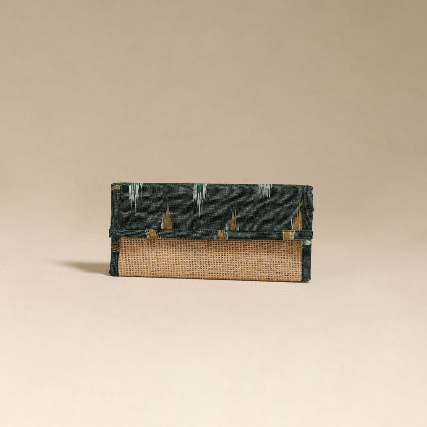 Green - handcrafted ikat fabric jute clutch / wallet