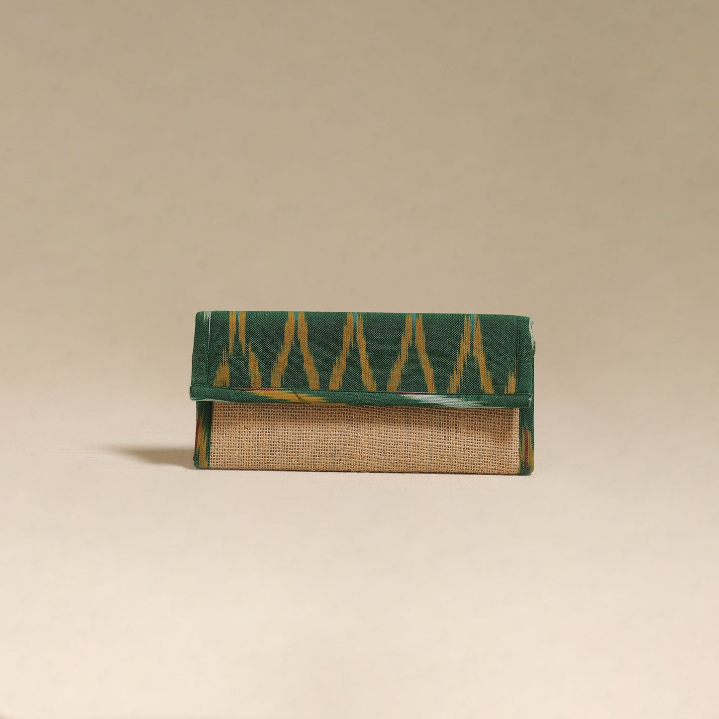 Green - handcrafted ikat fabric jute clutch / wallet