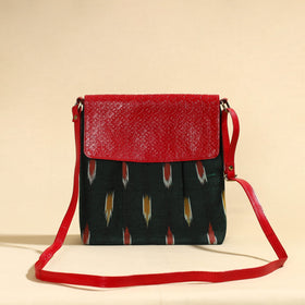 Green Handcrafted Ikat Fabric Sling Bag with Embossed Leather Flap