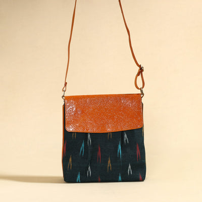  Handcrafted Ikat Fabric Sling Bag with Embossed Leather Flap 