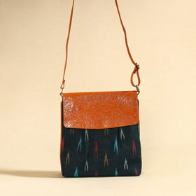  Handcrafted Ikat Fabric Sling Bag with Embossed Leather Flap 