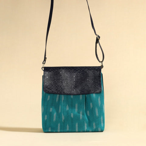  Handcrafted Ikat Fabric Sling Bag with Embossed Leather Flap 