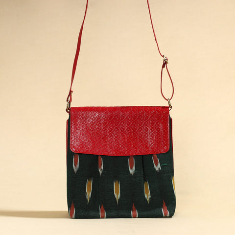 Green Handcrafted Ikat Fabric Sling Bag with Embossed Leather Flap