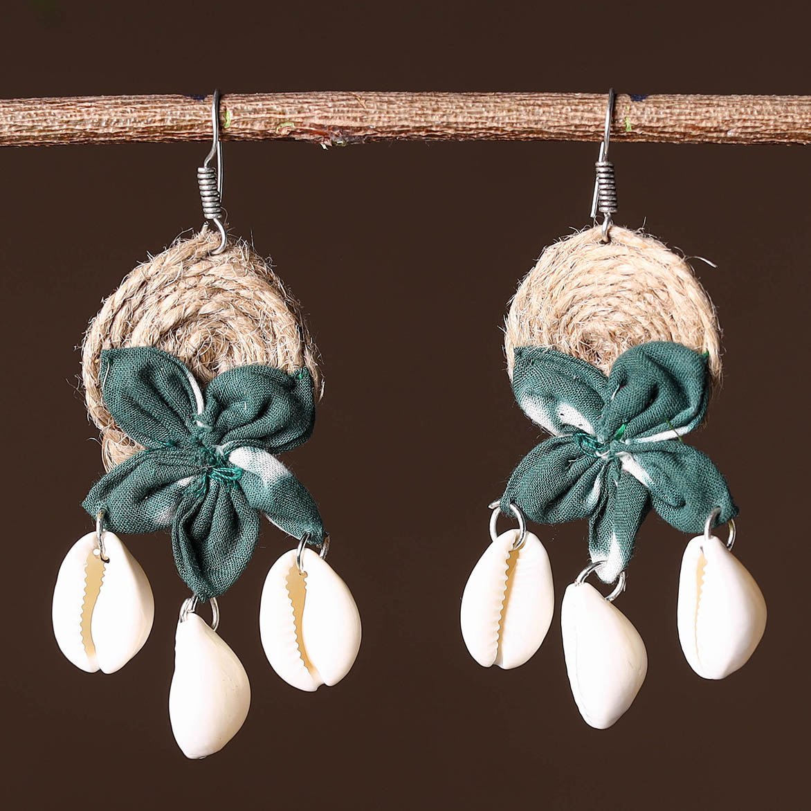 Green - handcrafted jute phool kali shell earrings 42