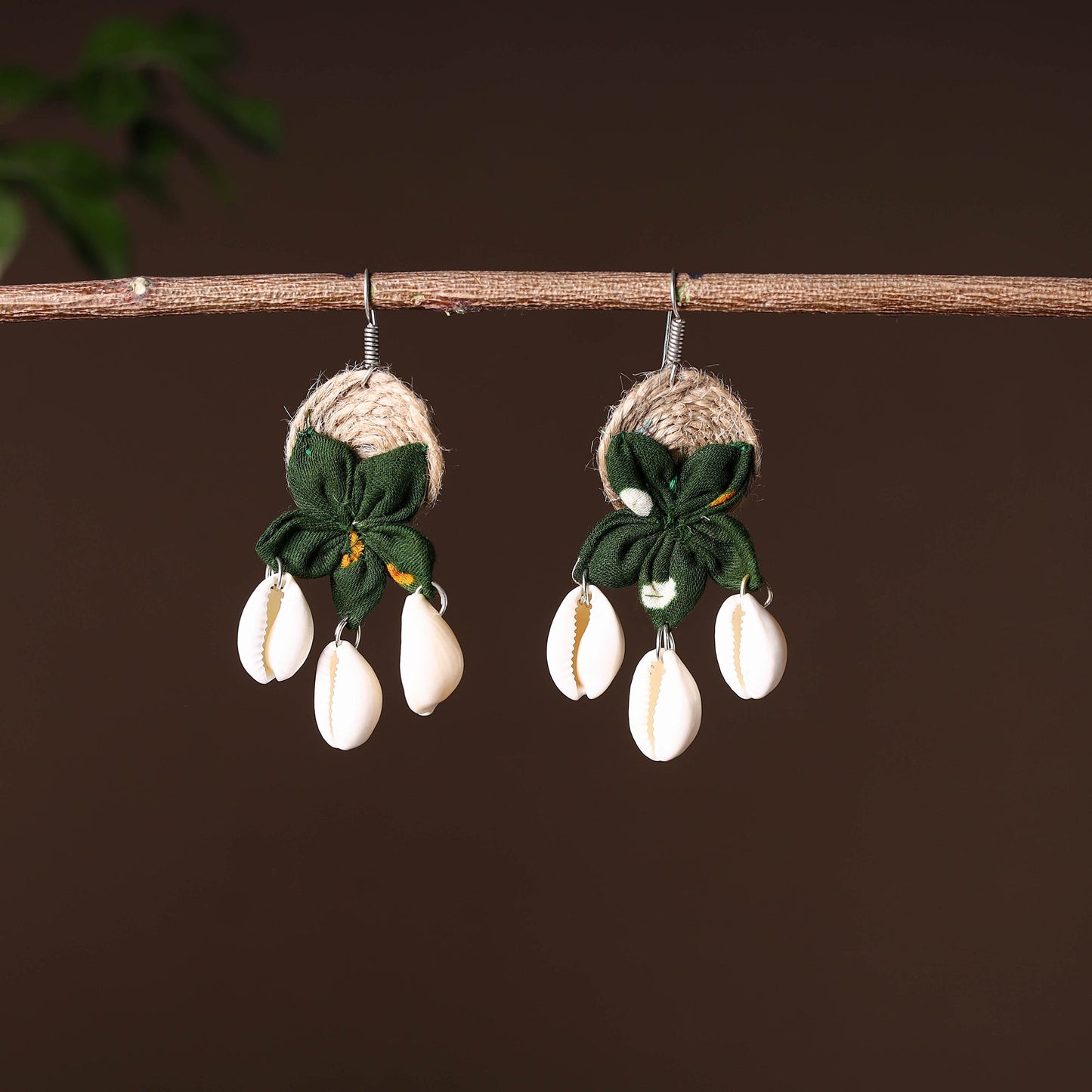Buy Handcrafted Jute Phool Kali Shell Earrings