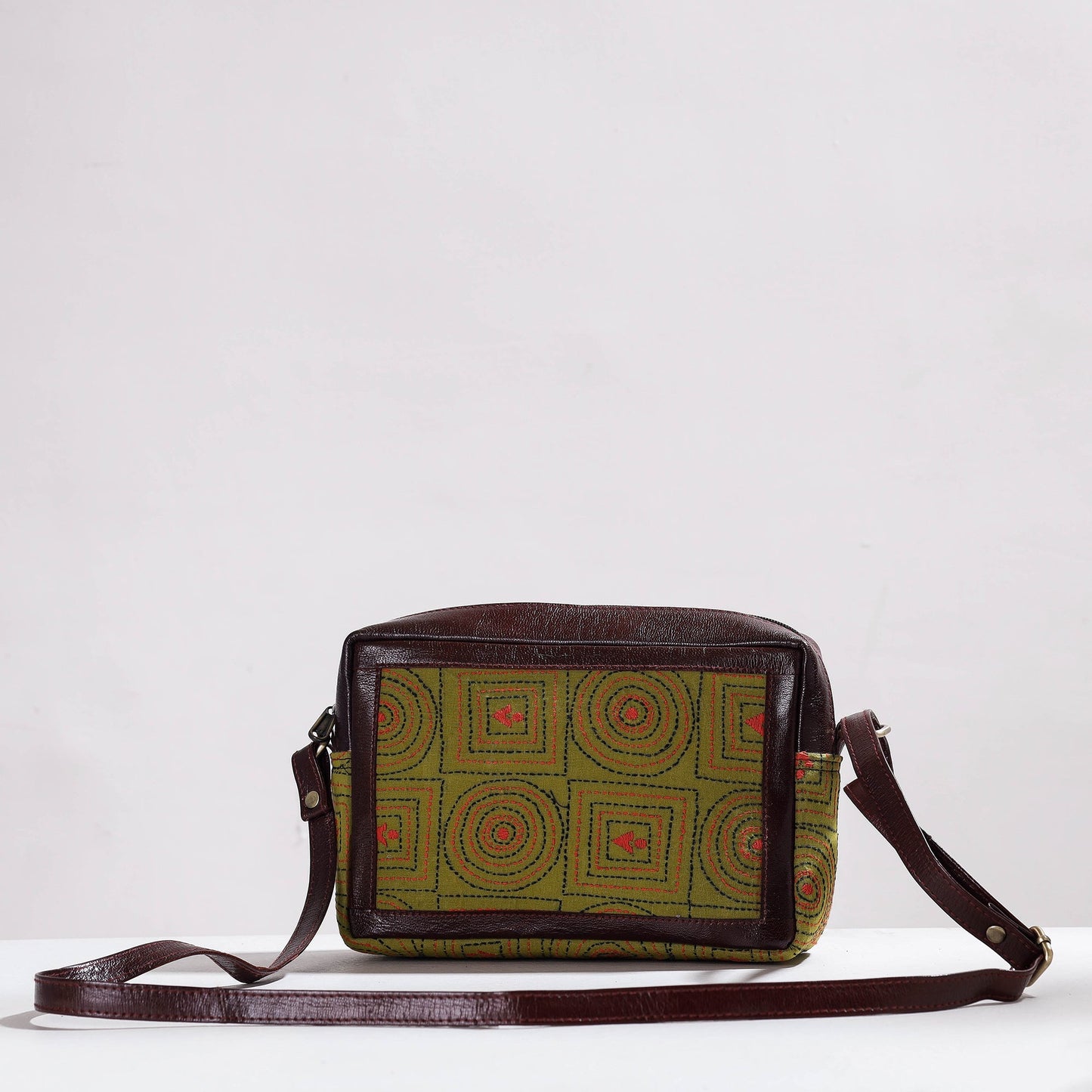  Handcrafted Kantha Embroidery Cotton & Leather Sling Bag 