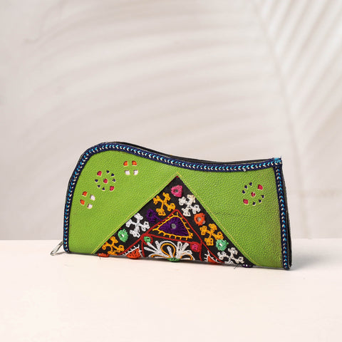 Green Handcrafted Kutch Embroidery Leather Clutch / Wallet