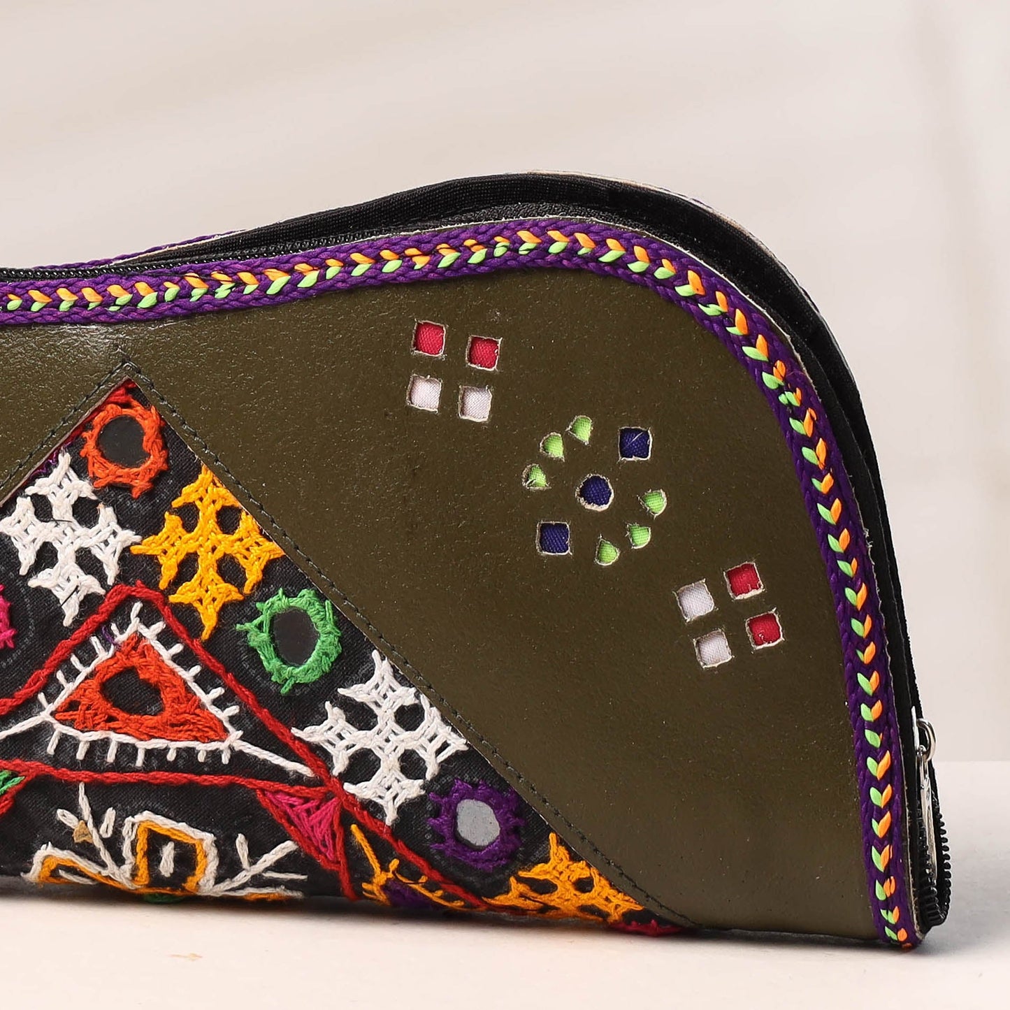 Green Handcrafted Kutch Embroidery Leather Clutch / Wallet