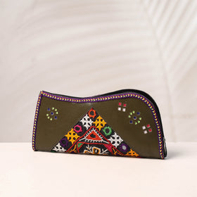 Green Handcrafted Kutch Embroidery Leather Clutch / Wallet