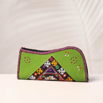 Green Handcrafted Kutch Embroidery Leather Clutch / Wallet