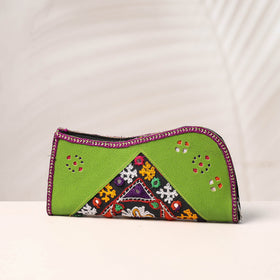 Green Handcrafted Kutch Embroidery Leather Clutch / Wallet