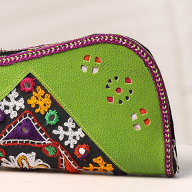 Green Handcrafted Kutch Embroidery Leather Clutch / Wallet