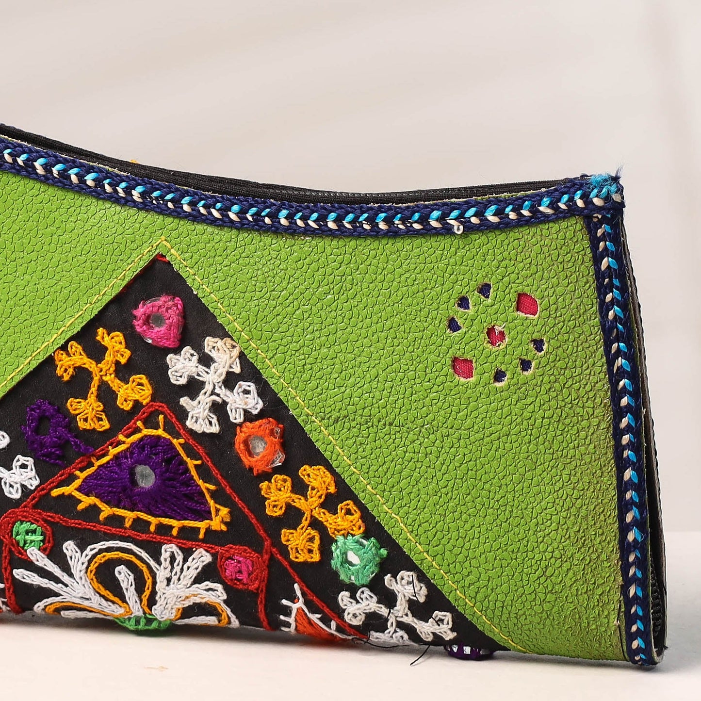 Green Handcrafted Kutch Embroidery Leather Clutch / Wallet