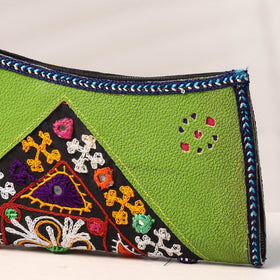 Green Handcrafted Kutch Embroidery Leather Clutch / Wallet