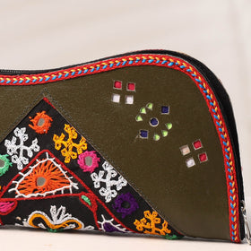 Green Handcrafted Kutch Embroidery Leather Clutch / Wallet