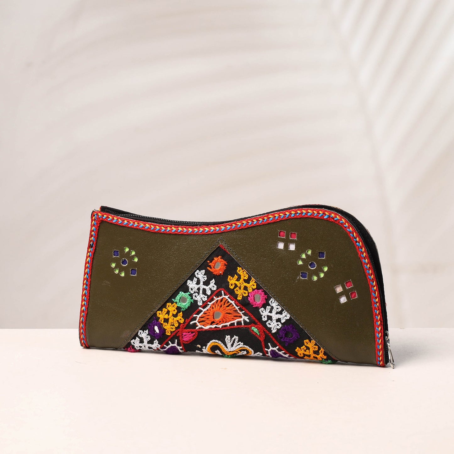 Green Handcrafted Kutch Embroidery Leather Clutch / Wallet