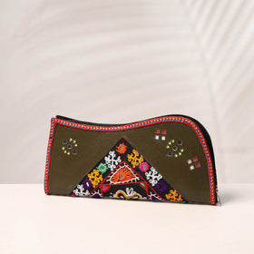 Green Handcrafted Kutch Embroidery Leather Clutch / Wallet
