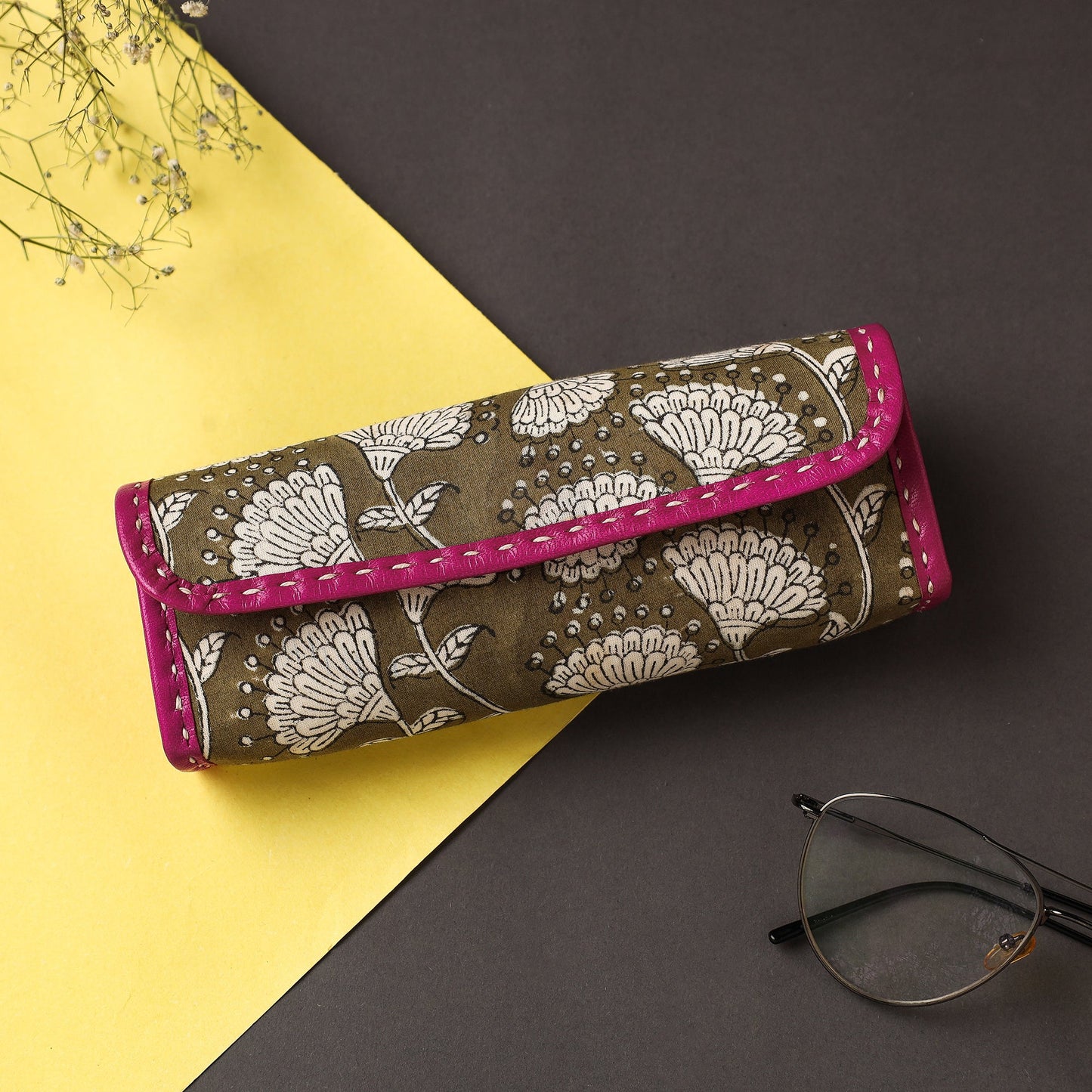 Green Handcrafted Kutch Leather Block Printed Spectacle Case