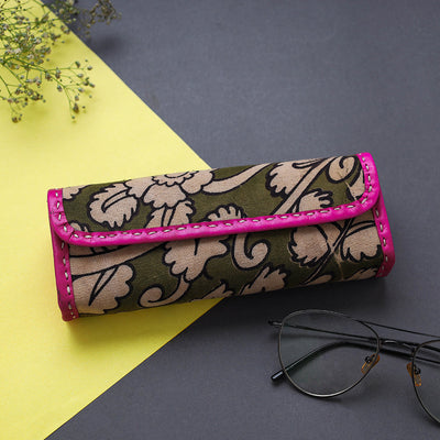 Green Handcrafted Leather Kalamkari Block Printed Spectacle Case