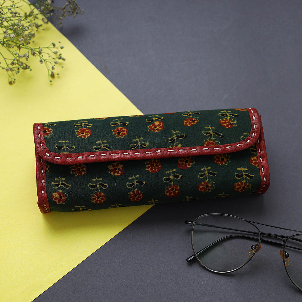 Green Handcrafted Leather Ajrakh Block Printed Spectacle Case
