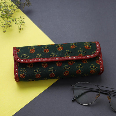 Green Handcrafted Leather Ajrakh Block Printed Spectacle Case