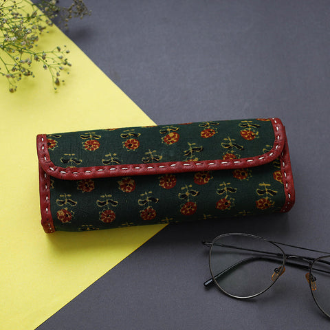 Green Handcrafted Leather Ajrakh Block Printed Spectacle Case