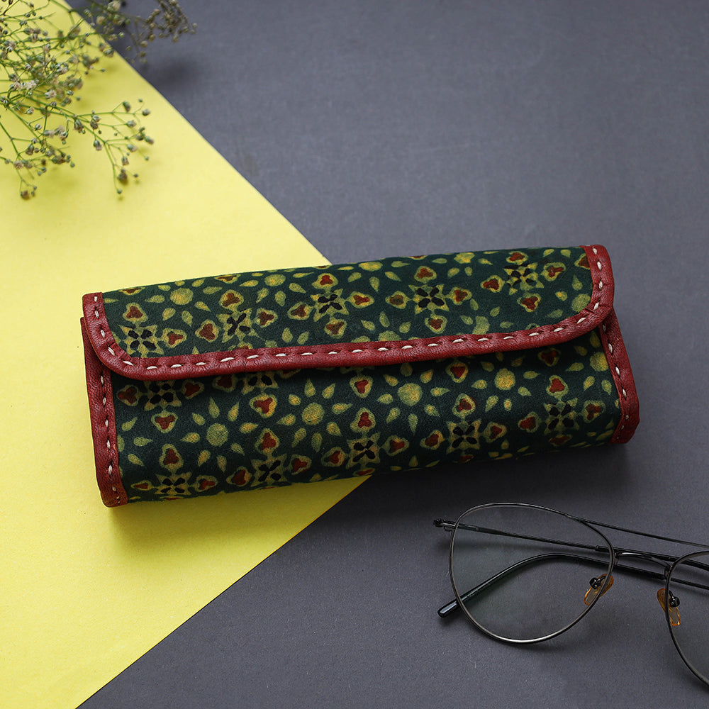 Green Handcrafted Leather Ajrakh Block Printed Spectacle Case