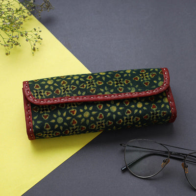 Green Handcrafted Leather Ajrakh Block Printed Spectacle Case