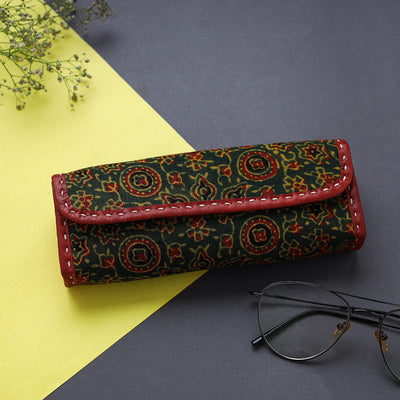 Green Handcrafted Leather Sanganeri Block Printed Spectacle Case