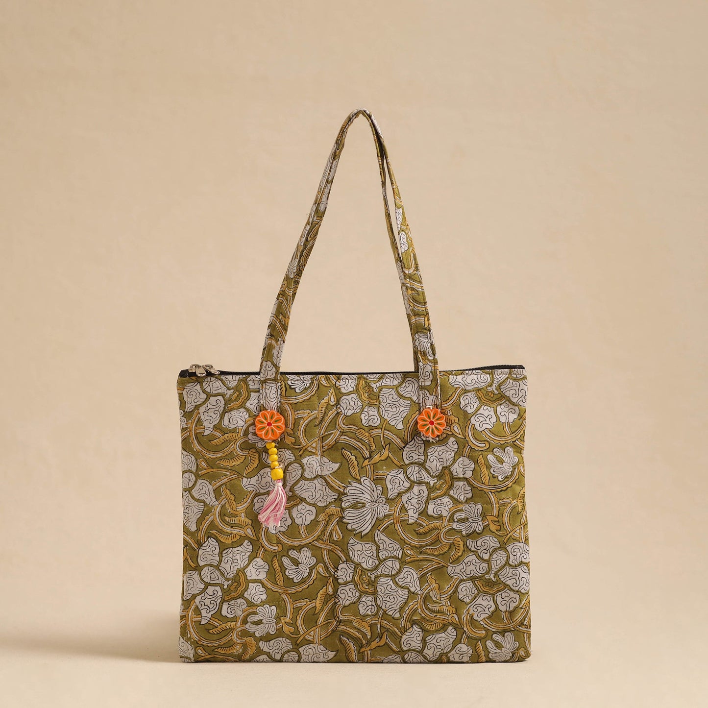 Green Handcrafted Quilted Cotton Hand Bag