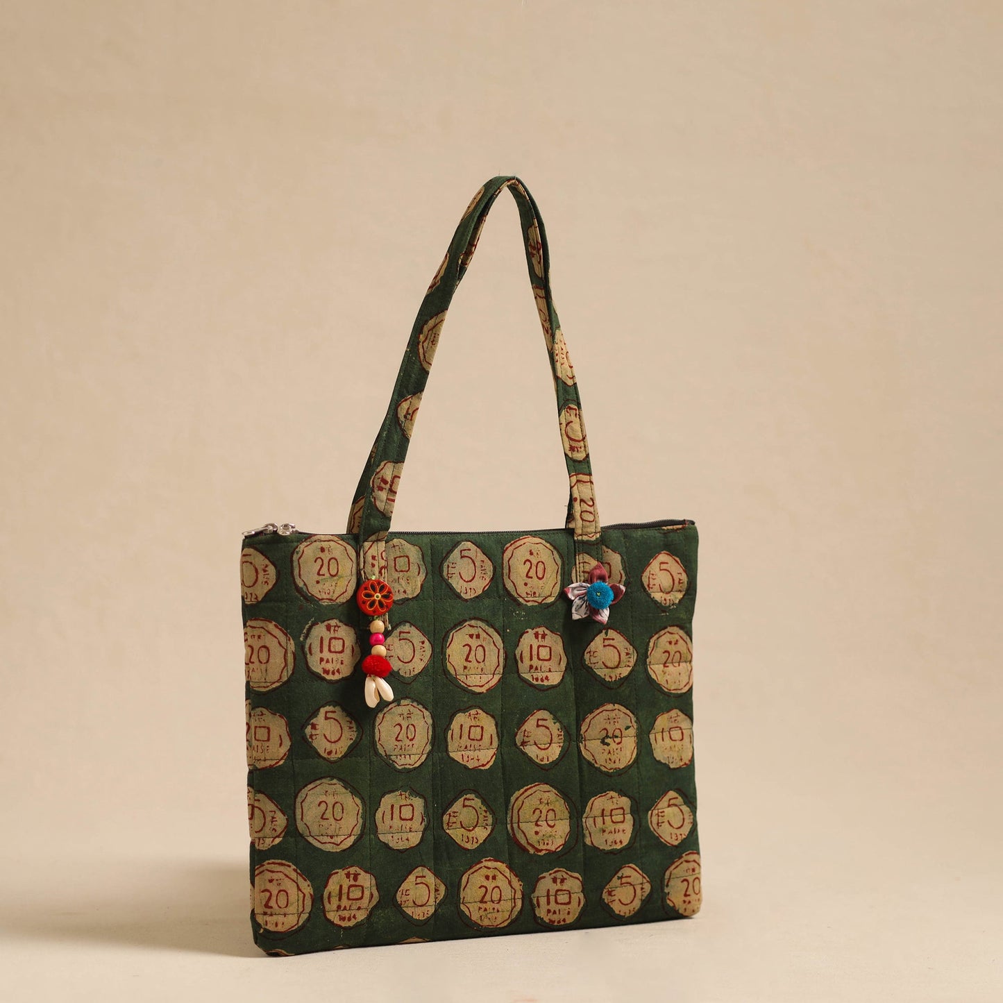 Green Handcrafted Quilted Cotton Hand Bag