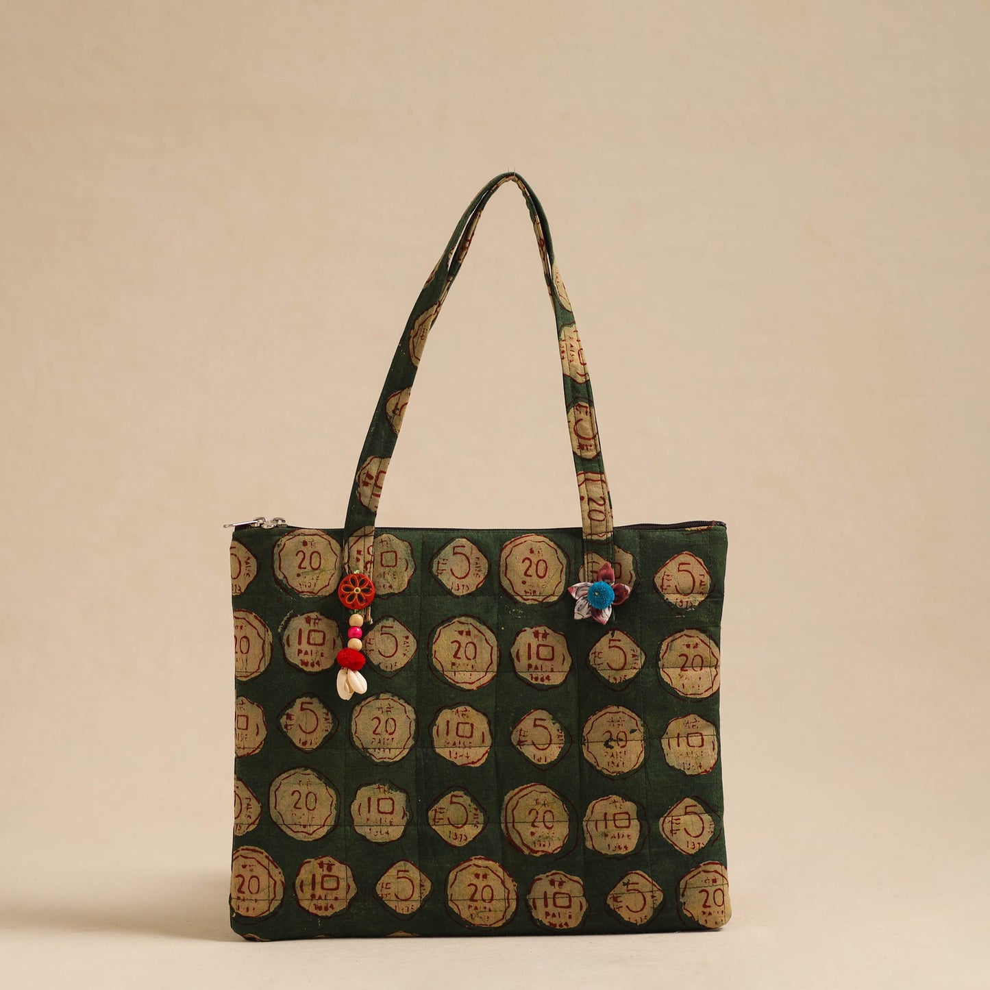 Green Handcrafted Quilted Cotton Hand Bag