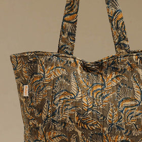 Handcrafted quilted kalamkari block printed fabric tote bag